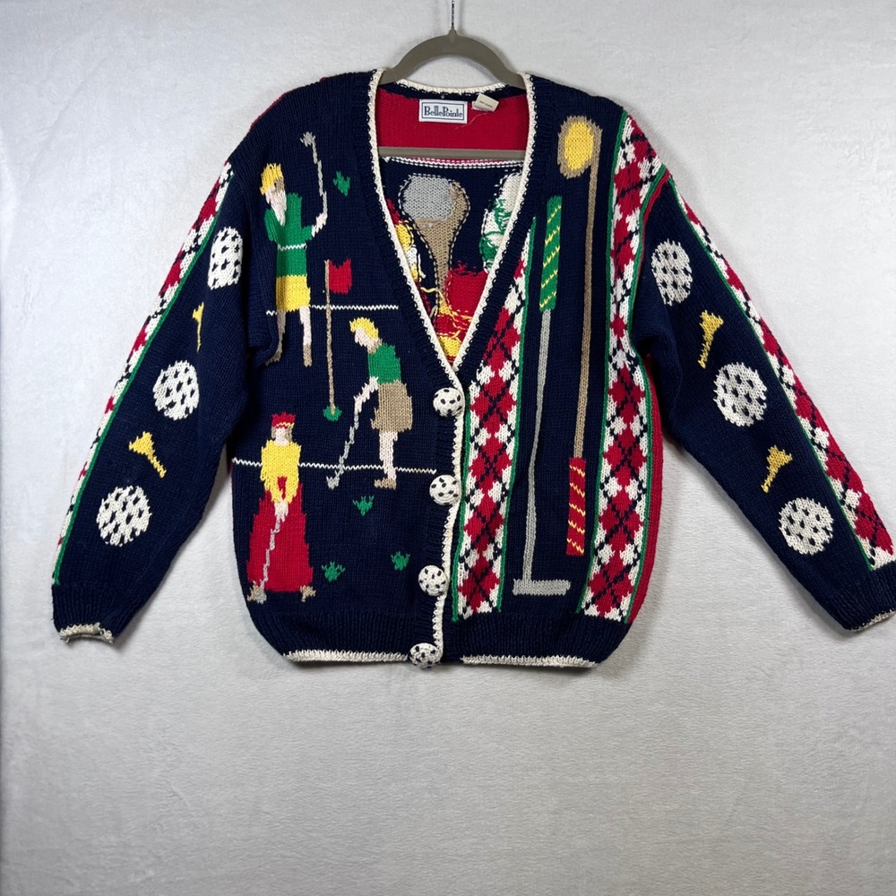 BellePointe Vintage Golf Cardigan Sweater Navy Blue Ramie Cotton Womens Large